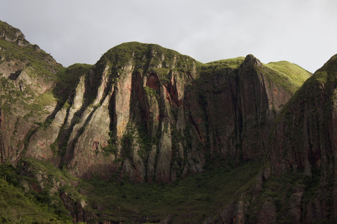 A view of a rugged mountain face featuring vertical striations of reddish-brown rock interspersed with patches of vibrant green vegetation on the peaks and crevices, set against an overcast grey sky.